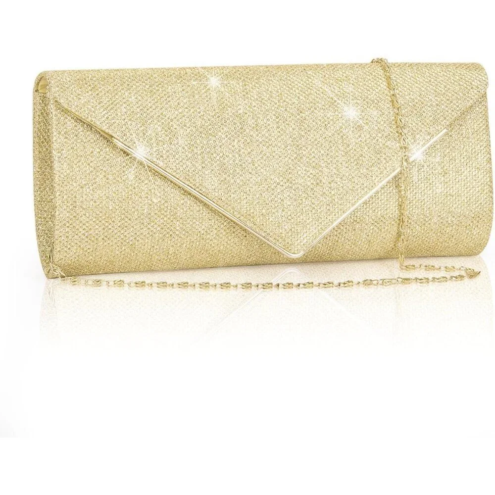 Women's Gold Sparkling Envelope Evening Bag With Detachable Chain Clutch Purses